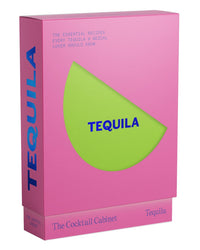 A pink and green box from Random House, with bold blue text reading TEQUILA, holds The Cocktail Cabinet: Tequila recipe cards for essential tequila and mezcal cocktails.