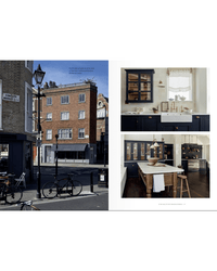On the left, brick buildings and parked bicycles are seen; on the right, three images display The deVOL Kitchen by Random House, featuring dark cabinets, a farmhouse sink, and a wooden island—ideal inspiration for unique kitchens.
