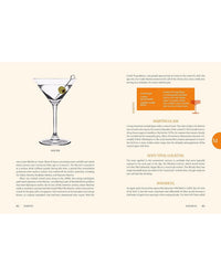Left page shows an illustrated martini glass with an olive; right page from Random House’s The Encyclopedia of Cocktails discusses martini glasses, martinis, the Mayahuel cocktail, and cocktail culture.