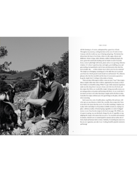 A person enjoys nature with goats and a dog in the grass, capturing sustainable living—a page from The Farm Table by Random House is visible on the right.