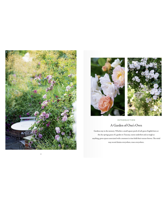A garden scene with blooming flowers frames a white bench on the left; on the right, close-ups of pink and white roses highlight an intro to The New Romantic Garden by Random House, inspired by English-style gardens.