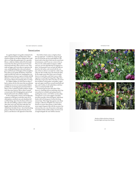 A two-page spread from The New Romantic Garden by Random House shows text on the left and three vivid photos of tulips and other flowers in metal buckets and garden beds on the right, highlighting vibrant English-style garden design.