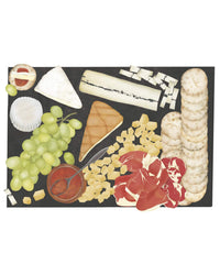 Illustration of a charcuterie board with various food items on a black background