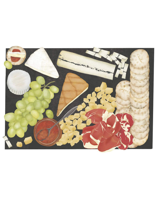 Illustration of a charcuterie board with various food items on a black background