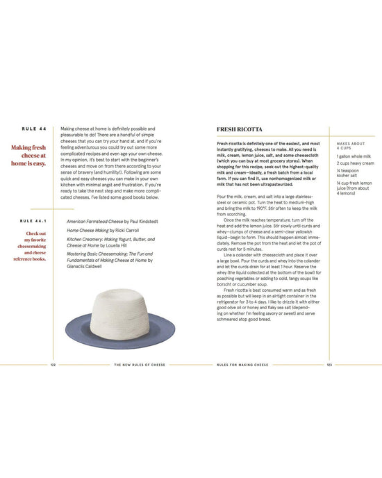 Page from book featuring a block of cheese on a blue plate with text on a white background