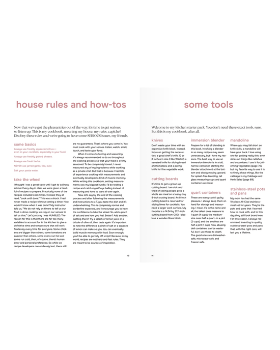 A two-page spread from The Wishbone Kitchen Cookbook by Random House shares house rules, tips, recipes for dinner parties, and a list of essential kitchen tools.