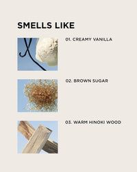 Three images labeled creamy vanilla, brown sugar, and warm hinoki wood highlight the sweet fragrance notes of Rosie Jane Eau De Parfume in Dulce.