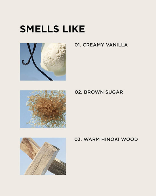 Three images labeled creamy vanilla, brown sugar, and warm hinoki wood highlight the sweet fragrance notes of Rosie Jane Eau De Parfume in Dulce.