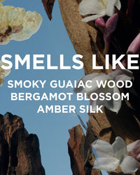 Bright blue sky with white/pink flowers, brown rocks, and crystals. Bold white text: Smells like smoky guaiac wood, bergamot blossom, amber silk—Rosie Jane Perfume Oil in Dylan (unisex).