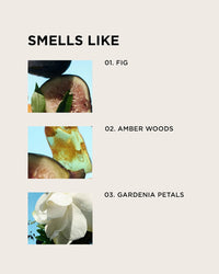 Three images show the scent notes of Eau De Parfume in James by Rosie Jane: 01. Fig, 02. Amber Woods, and 03. Gardenia Petals. Black text is set against a beige background.
