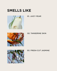 Three images show a sliced pear, peeled tangerine, and jasmine flowers—scents in Rosie Jane’s Eau De Parfume in Leila Lou, featuring juicy pear, tangerine skin, and fresh cut jasmine for a delicate floral fragrance.