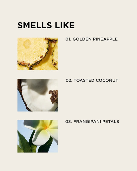 Three labeled images display golden pineapple slices, a halved toasted coconut, and frangipani petals to illustrate the tropical scents of Rosie Janes Eau De Parfume in Missy, which features a toasted coconut fragrance.