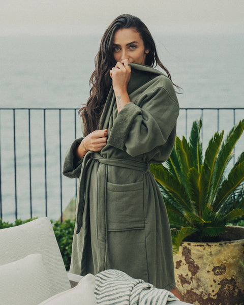 Saarde Vintage Wash Robe - Olive Turkish Cotton Loungewear – Baske