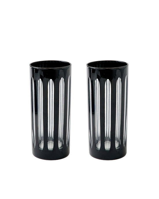 Two tall, cylindrical Empire Highball Tuxedo glasses from SIR / MADAM, featuring vertical clear stripes, are set side by side on a white background.