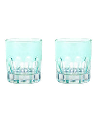 Two clear menthe Rialto Glass Old Fashion tumblers by SIR / MADAM, featuring thick patterned bases, are arranged side by side on a white background. Set of 2.