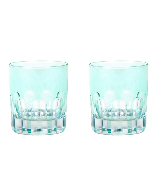 Two clear menthe Rialto Glass Old Fashion tumblers by SIR / MADAM, featuring thick patterned bases, are arranged side by side on a white background. Set of 2.