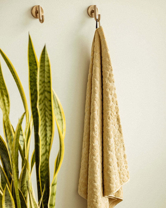 The Slowtide Ginny Bath Towel (600 GSM), with its yellow pattern, hangs beside a tall snake plant on a light wall, adding spa-like comfort and style to your space.