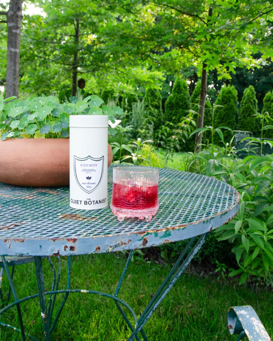 A tin of The Quiet Botanist Iced Mint Tea and a glass of its red, caffeine-free drink sit on a weathered metal table in a lush green garden.