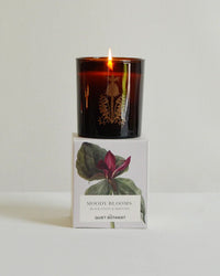 The Quiet Botanist’s Moody Blooms Candle, made from natural coconut wax and adorned with a botanical design, rests on a white box labeled Black Violet & Absinthe, setting a serene mood.
