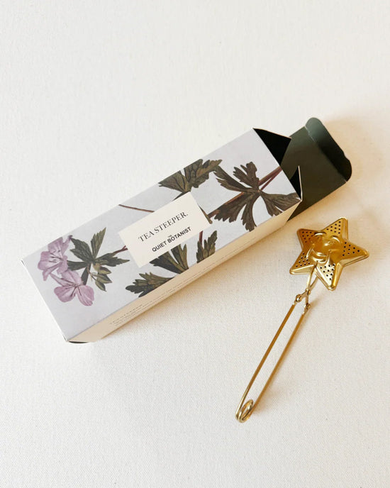 A star-shaped gold Tea Steeper - Star by The Quiet Botanist, featuring a long handle, rests beside its floral-patterned box—an ideal gift for tea lovers.