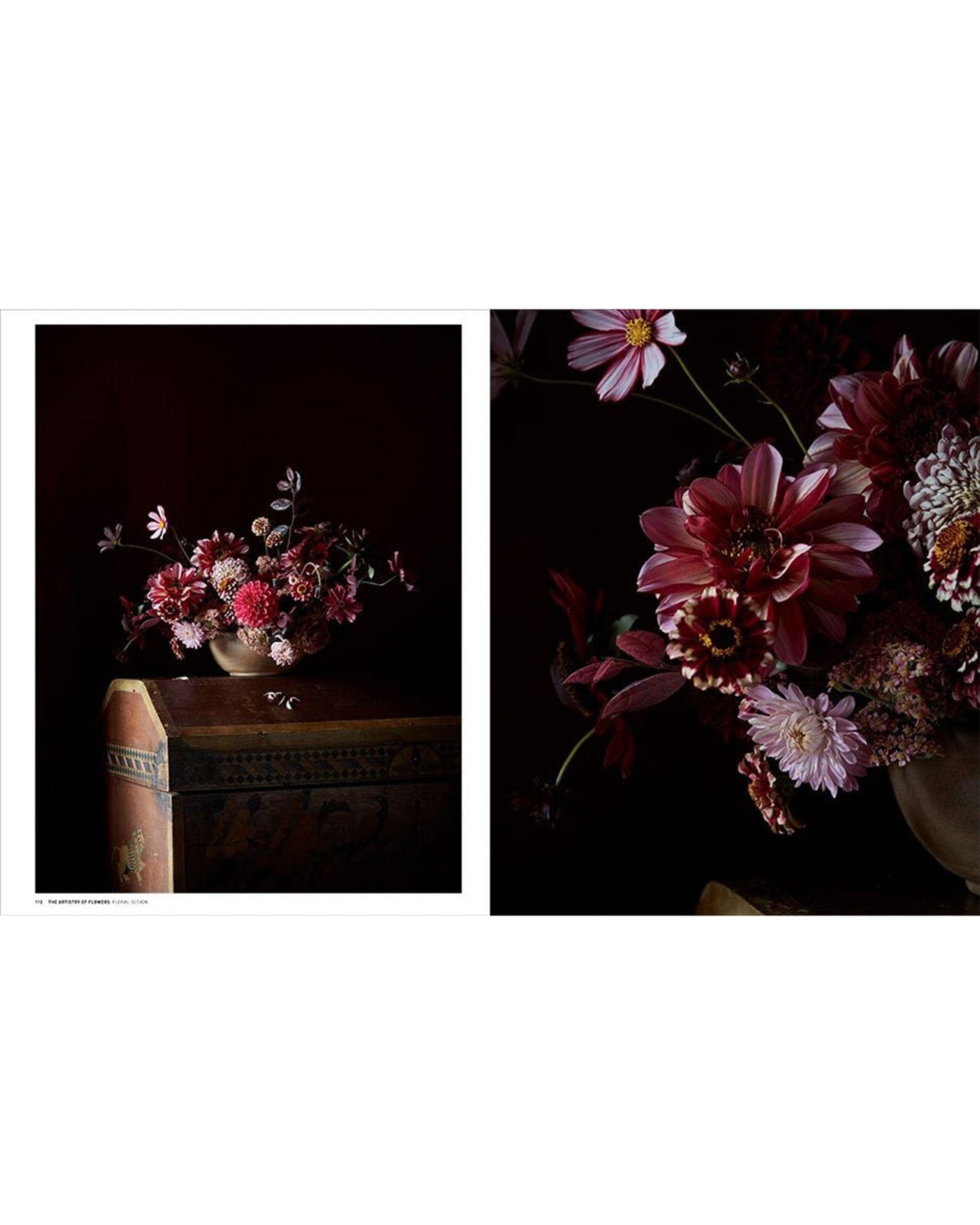 The Artistry of Flowers" by Random House features a still life photo of a bowl with pink and red blooms on a vintage chest, shown both as a full arrangement and in close-up against a dark backdrop—perfect for home decor inspiration.