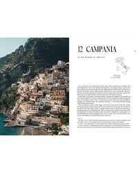 Colorful hillside buildings of Positano, Italy, overlook the blue sea. On the right, "Travel Guide: Somewhere in Italy" by Cozy Publishing introduces Campania—an essential stop for discovering hidden gems and scenic routes in any Italy itinerary.