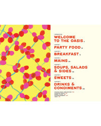 The "Hot Date!" cookbook by Chronicle Books features a vibrant yellow cover with pink and red berry shapes and a table of contents for Party Food, Breakfast, Mains, Sides, Sweets, and Drinks—ideal for date-focused recipes.