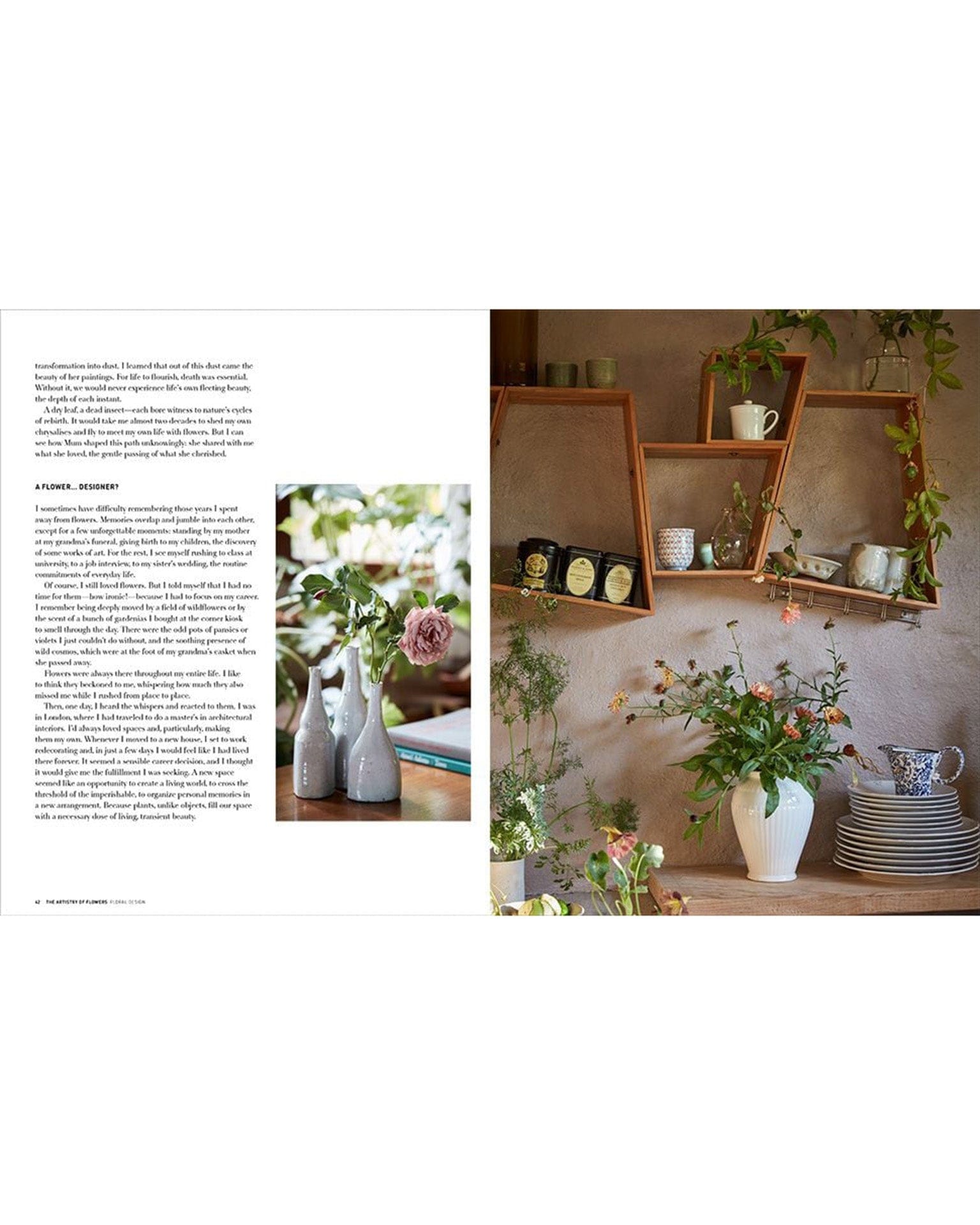 A magazine spread from "The Artistry of Flowers" by Random House displays text with floral arrangements and, opposite, shelves with mugs, teapots, and plants over a table set with plates and a white pitcher—perfect home decor inspiration.
