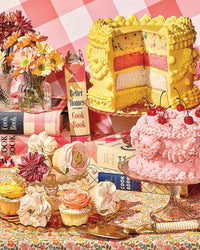 Brighten your table with the Flour Power - Better Homes & Gardens Collab 1000 Piece Puzzle by Piecework Puzzles, featuring retro cakes, floral cupcakes, vintage cookbooks, and vibrant blooms on a patterned cloth.