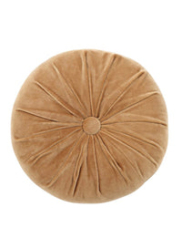 The Mini Velvet Round Pillow in Clay by Casa Amarosa features a round, tan design with a central button and sunburst seams—ideal as a stylish decorative accent for any room.