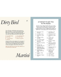 On the left, Kindred Spirits by Chronicle Books features a Dirty Bird Martini recipe with ingredients, steps, and bold italic text. On the right, a bordered playlist suggests romantic songs—ideal for cocktail explorations on date night.