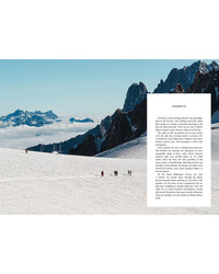 A group hikes snowy mountain peaks with clouds below; on the right, text titled "Moments" appears, capturing the essence of Italian scenery from Cozy Publishing’s "Travel Guide: Somewhere in Italy.