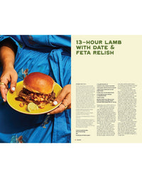 A person in a blue dress holds a yellow plate with a lamb sandwich and lime wedge. Next to the image, a recipe from "Hot Date!" by Chronicle Books is printed on a light yellow background.
