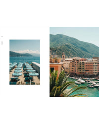 On the left, blue umbrellas and lounge chairs line the beach; on the right, a charming coastal Italian town invites you to explore more regions in Travel Guide: Somewhere in Italy by Cozy Publishing.