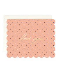 The Amy Heitman Love You Diamond Dot card features scalloped edges, blue dots, and gold "love you" text on a peach background. The single card has a blank interior and includes a white envelope.
