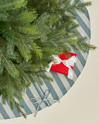 Overhead view of a Christmas tree with green branches, a red gift box tied with a white ribbon, and the Hawkins New York Essential Striped Tree Skirt in Sky/Peacock featuring a blue bow.