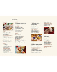 The table of contents from Kindred Spirits by Chronicle Books features dessert sections with page numbers and photos of glass dish treats—plus a special highlight on cocktail recipes for couples, ideal for pairing sweets with date night drinks.