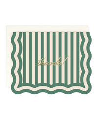 The Thanks! Striped Cards by Amy Heitman are boxed sets of 8 cream cards with vertical green stripes, scalloped green edges, gold "thanks!" script, blank interiors for personal notes, and include coordinating ivory envelopes.