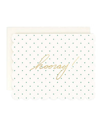 The Amy Heitman Hooray Diamond Dot Single Card features scalloped edges, small green dots, and “hooray!” in gold foil on the front. A matching envelope is included, and the blank interior is ready for your personal message.