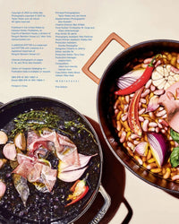 Two large pots of food shot from above: the left has greens, herbs, onions, and prosciutto; the right holds beans, garlic, chili peppers, and herbs in broth. Cook This Book by Random House is printed on the left side.
