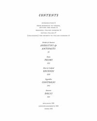 Table of contents for Old World Italian by Random House, showcasing regional Italian cuisine: Aperitivi & Antipasti, Primi, Secondi, Contorni, Dolci, plus intro—set in minimalist black text on a white background.
