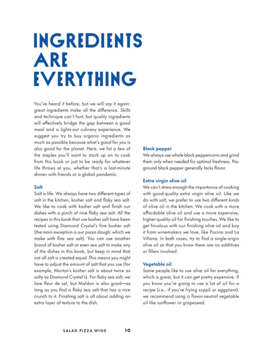 A page from Random Houses Salad Pizza Wine cookbook highlights how quality ingredients, such as salt and extra virgin olive oil, elevate modern Italian recipes.