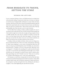 A page from Old World Italian by Random House describes a family's move from France to Italy, exploring regional Italian cuisine and the excitement and challenges of beginning a new chapter.