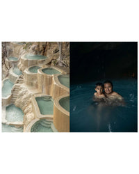 On the left, tiered natural pools of turquoise water; on the right, an adult and child swim together in a dimly lit hot spring. Inspired by "Hot Springs" from Random House.