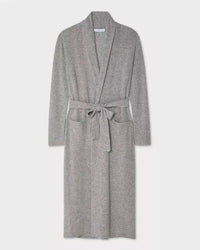 The White + Warren Cashmere Long Robe in Grey Heather features an oversized silhouette, long sleeves, open front, two large pockets, and a matching belt at the waist, shown against a plain white background.