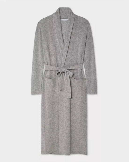 The White + Warren Cashmere Long Robe in Grey Heather features an oversized silhouette, long sleeves, open front, two large pockets, and a matching belt at the waist, shown against a plain white background.