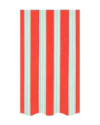 The Meri Meri Festive Stripe Guest Towels feature a rectangular shape with vertical red, white, and light blue stripes and a scalloped bottom edge.