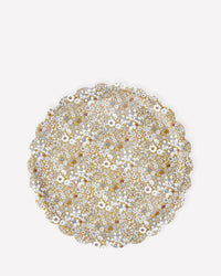 The Meri Meri x Liberty June's Meadow Small Tray features a round scalloped edge and a floral pattern in gold, white, and brown on a white background.