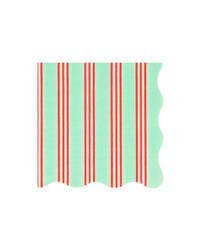 The Meri Meri Festive Stripe Small Napkins feature a rectangular mint green design with vertical red stripes and a scalloped edge—perfect for adding a festive touch to any celebration.
