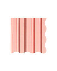 The Meri Meri Festive Stripe Small Napkins feature pink paper with vertical red stripes and a scalloped right edge, displayed on a white background—ideal for adding a festive touch to any celebration.